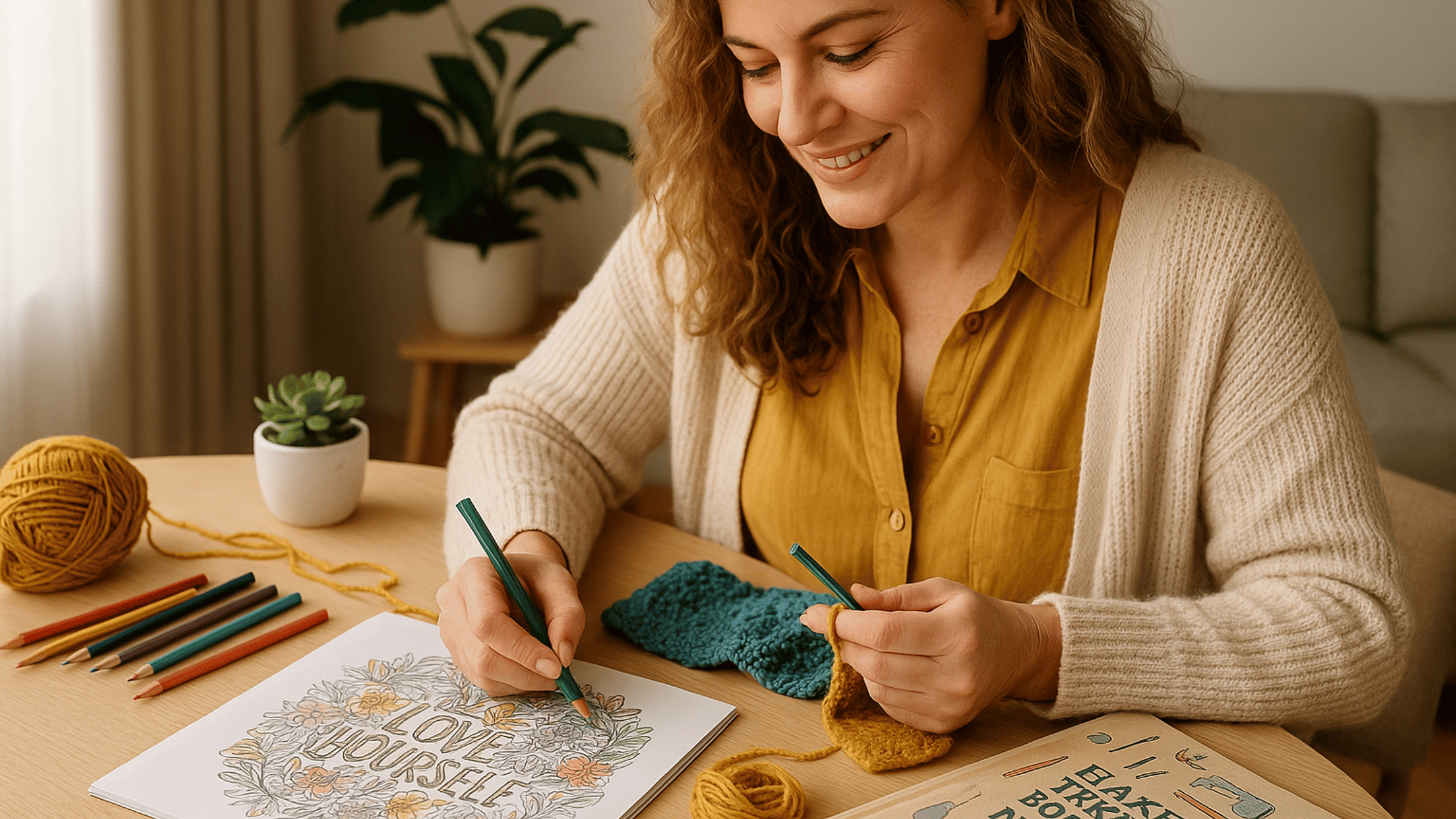 Moeder ontspant met creatieve boeken en haar favoriete hobby – moederdagcadeau creatieve moeder