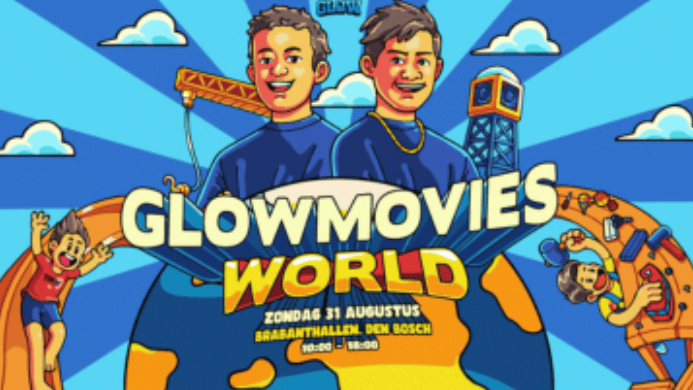 Glowmovies festival met kinderen die bouwen en spelen in een hal vol attracties