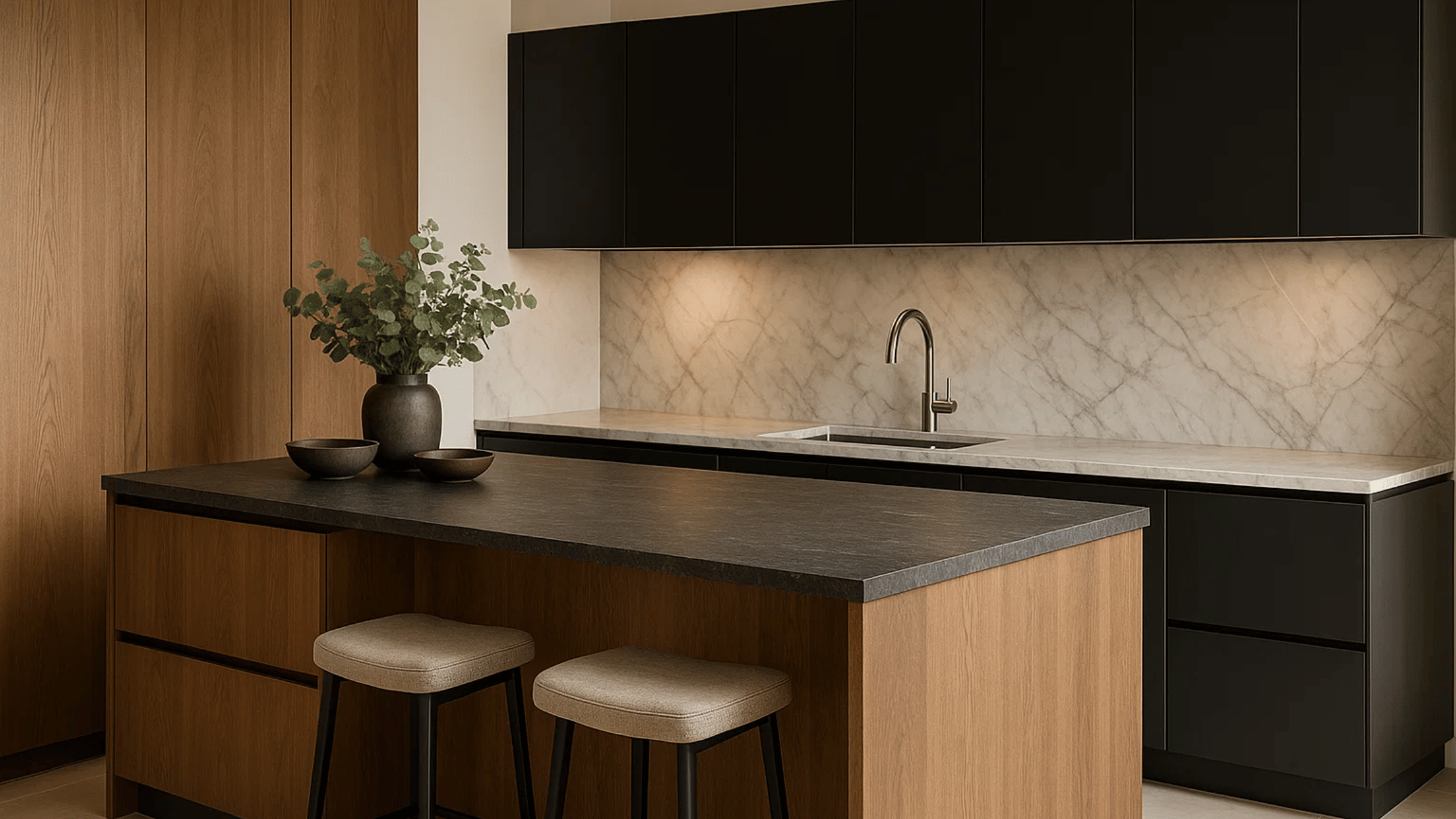 Moderne exclusieve keuken met natuurlijke materialen en ruime indeling – perfect afgestemd op persoonlijk comfort.