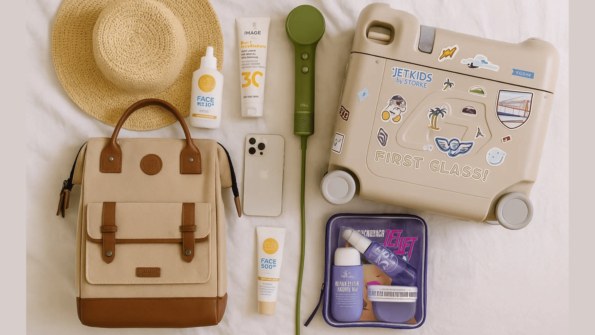 Zomer travel essentials op een bed met zonnecrème, föhn en verzorgingsproducten