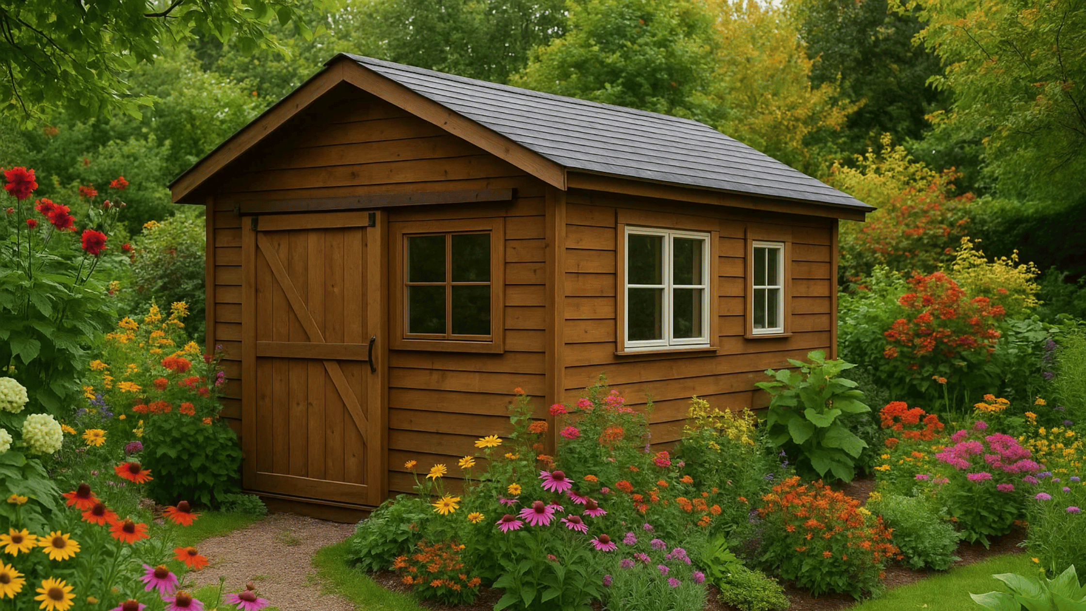 Houten schuur in een groene tuin met schuifdeur en ramen
