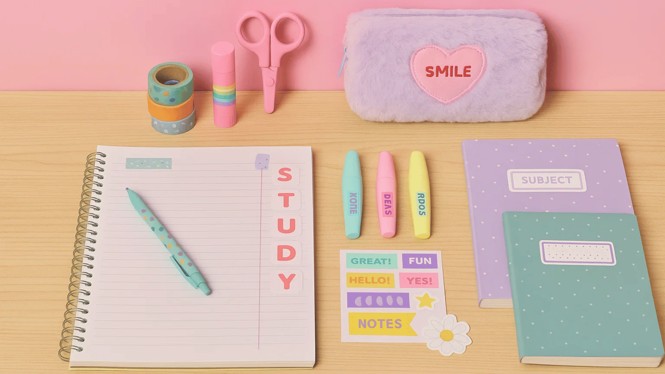 Creatief gelabelde schoolspullen met stickers, washi tape en envelop-organizers op een bureau