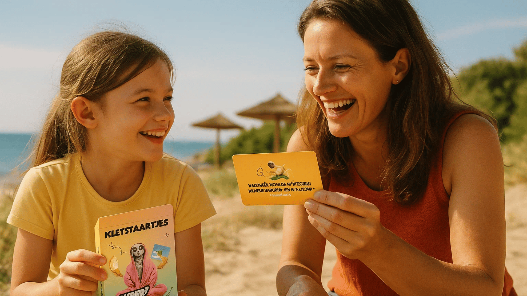 Moeder en kind praten met Super Chill Kletskaarten tijdens de zomervakantie