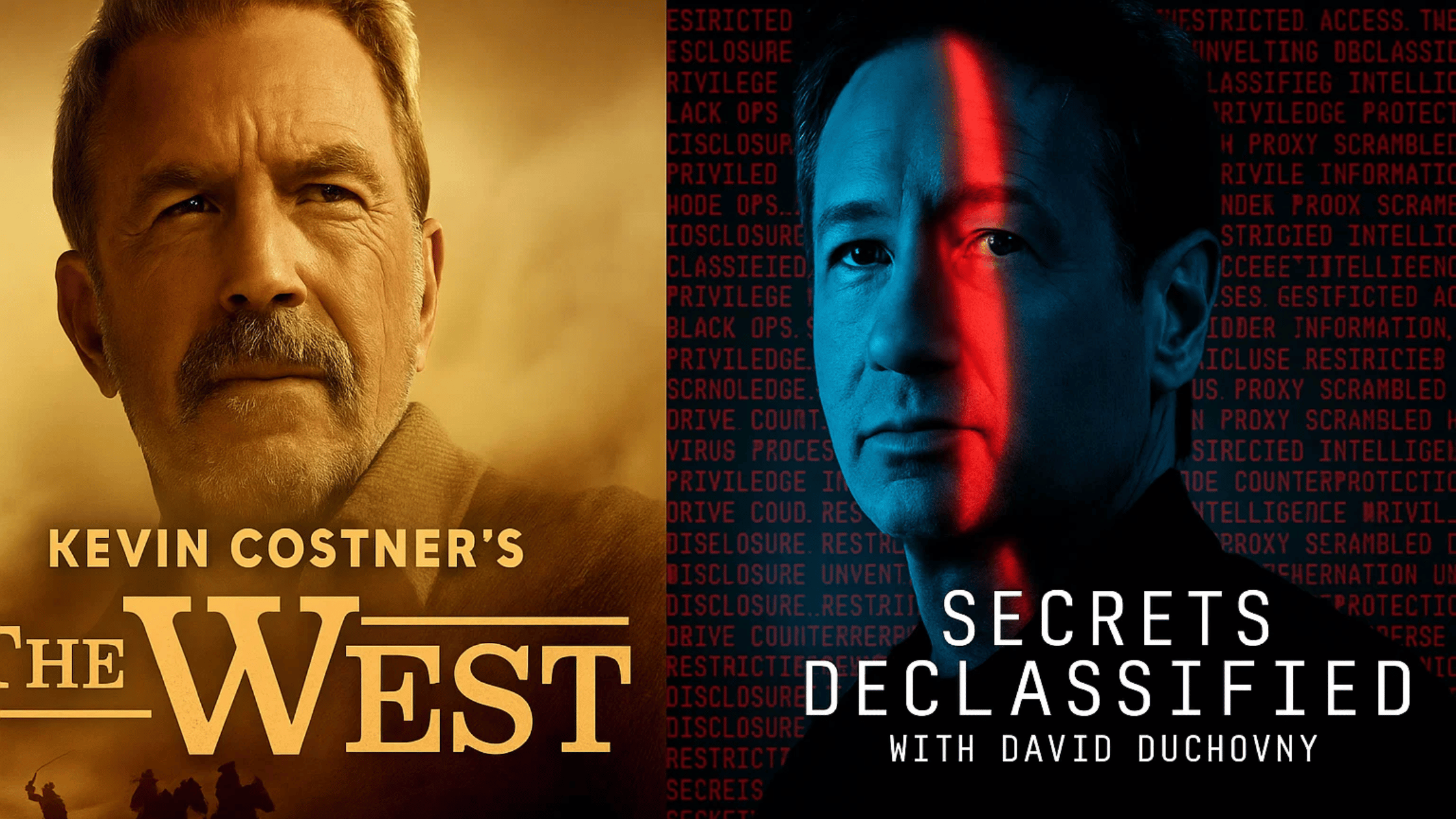 David Duchovny en Kevin Costner in promotiebeelden voor hun HISTORY Channel series