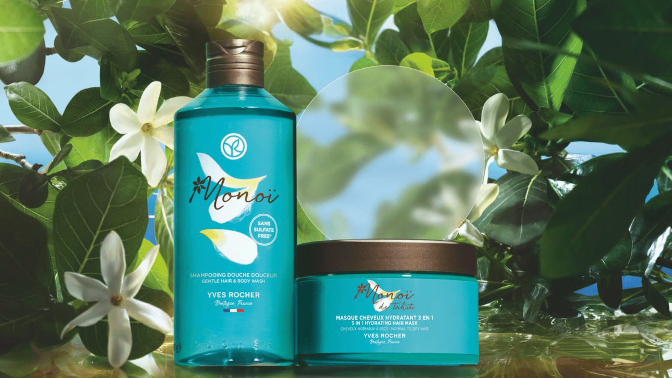 Yves Rocher 3-in-1 haarmasker met Monoï de Tahiti in zomerse setting