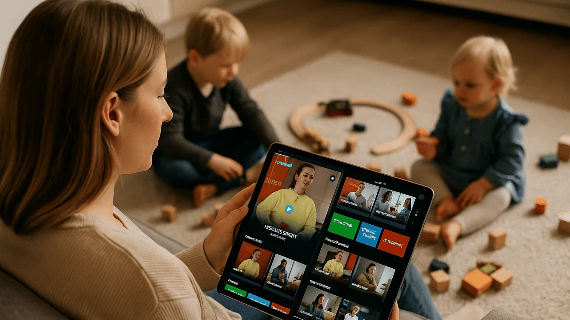 Moeder bekijkt gezondheidsplatform Revived op tablet terwijl kinderen spelen