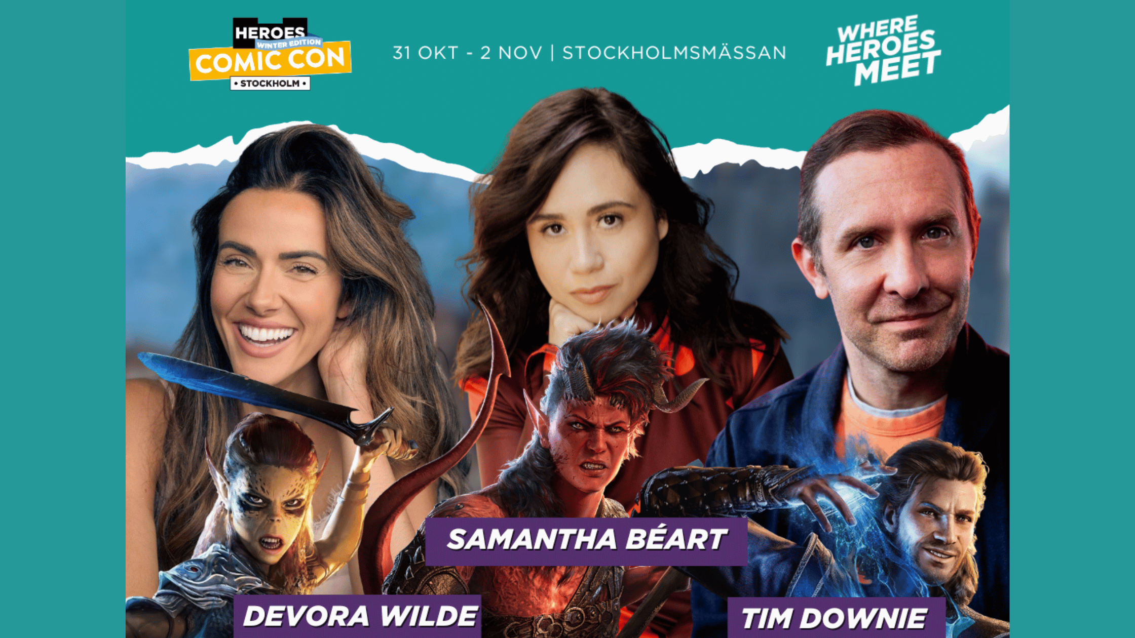 Jane Perry, Tim Downie en Neil Newbon van Baldur’s Gate 3 op Heroes Dutch Comic Con