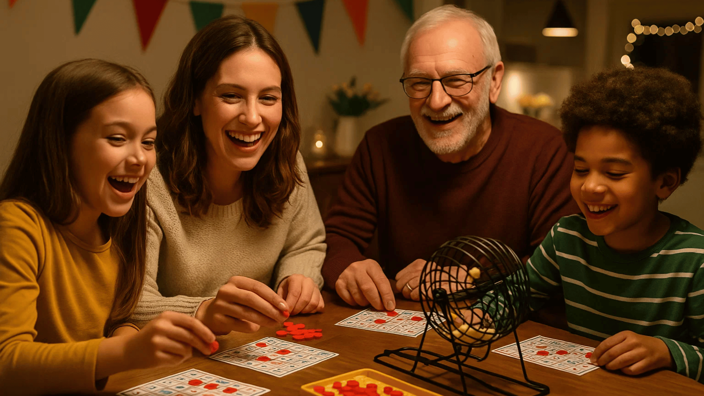 Kinderen en volwassenen spelen bingo samen tijdens een feestelijke avond
