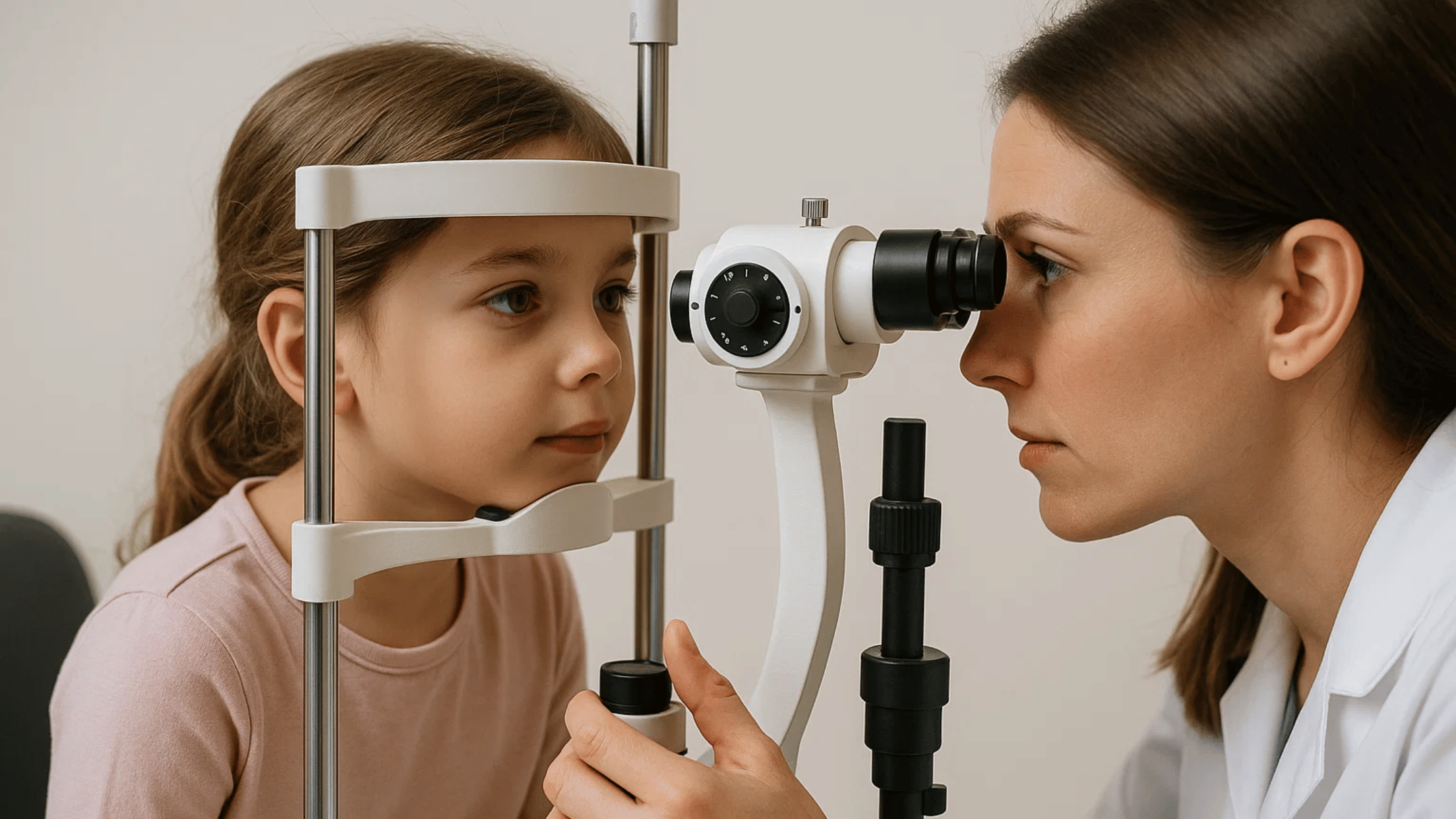 Een kind krijgt een oogonderzoek van een optometrist tijdens een controle