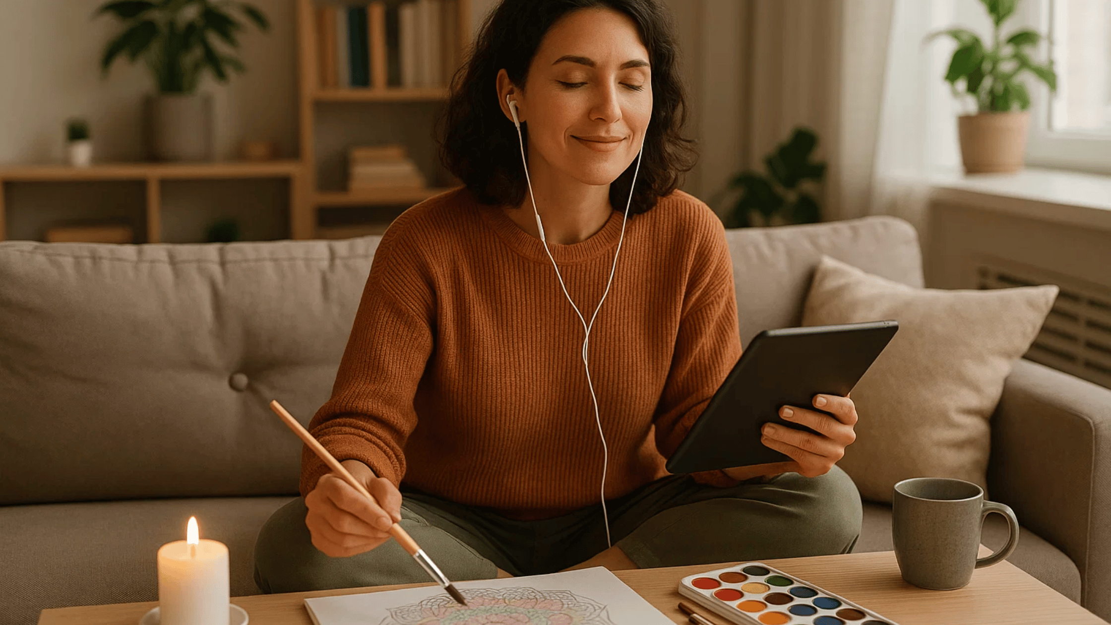 Mama ontspant thuis met creatieve hobby’s, mindfulness en online entertainment