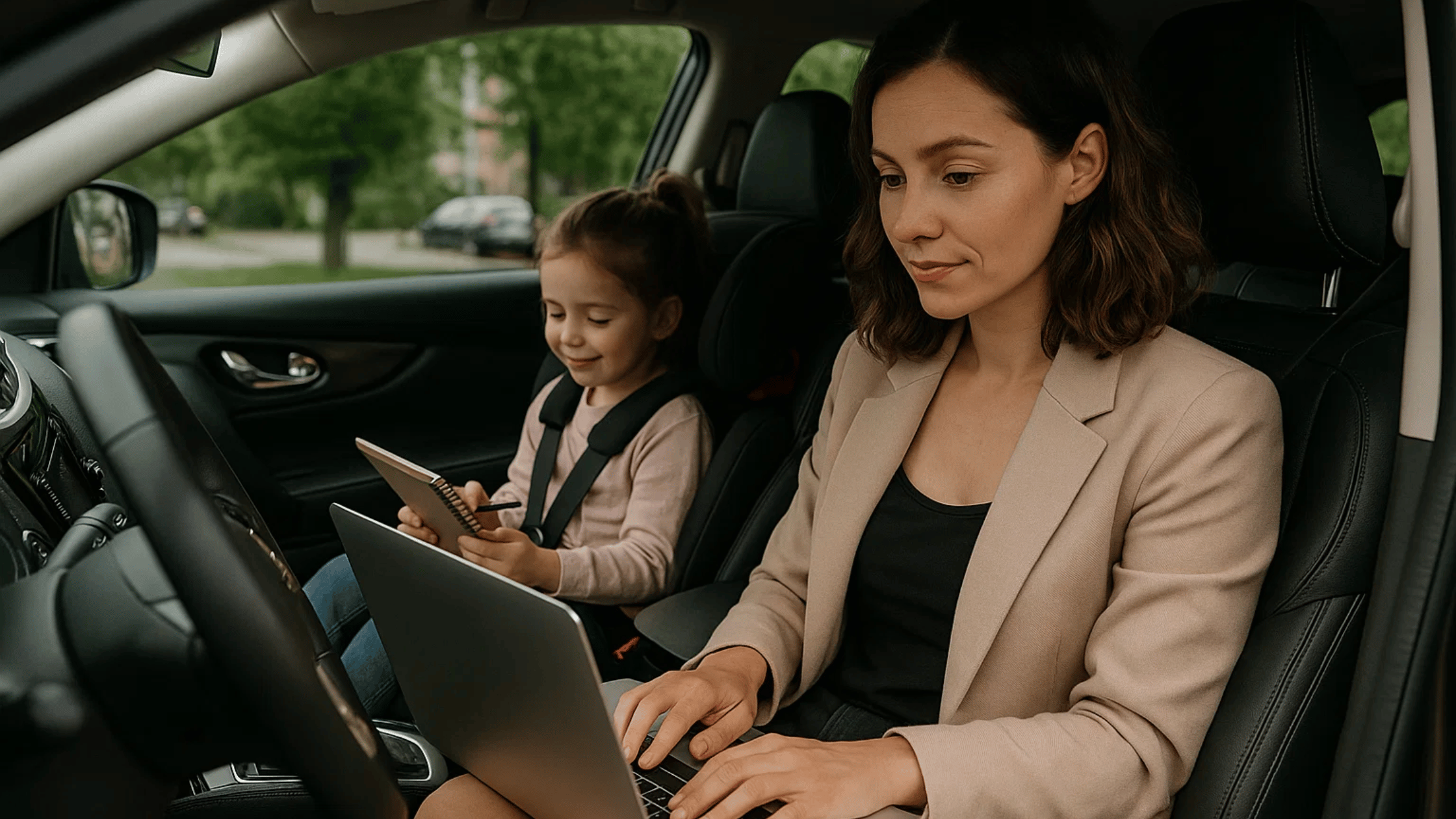 Ondernemende moeder werkt vanuit huis en gebruikt de auto voor haar bedrijf