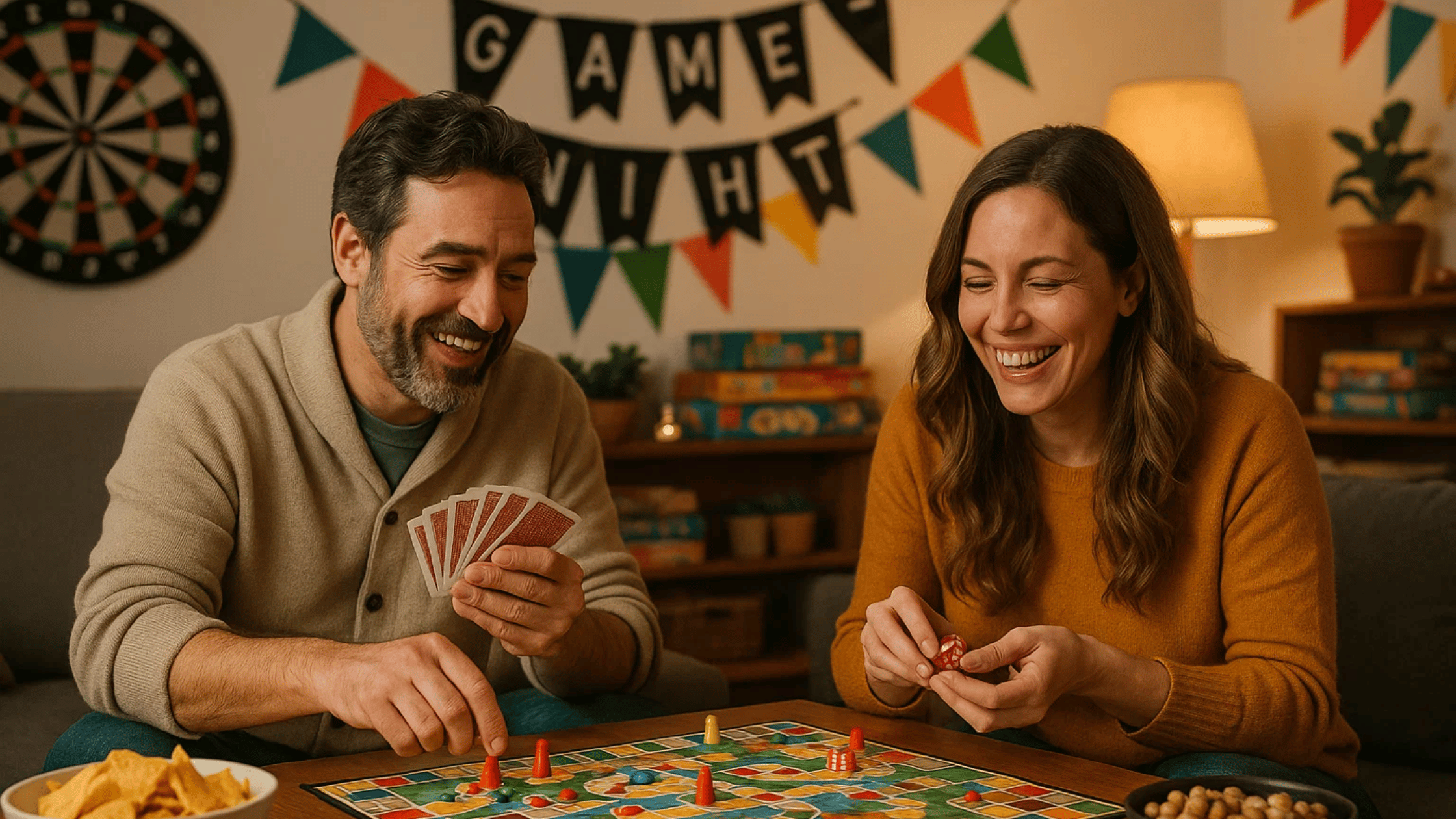 Ouders genieten samen van een thematische spelavond met spellen, decoraties en hapjes