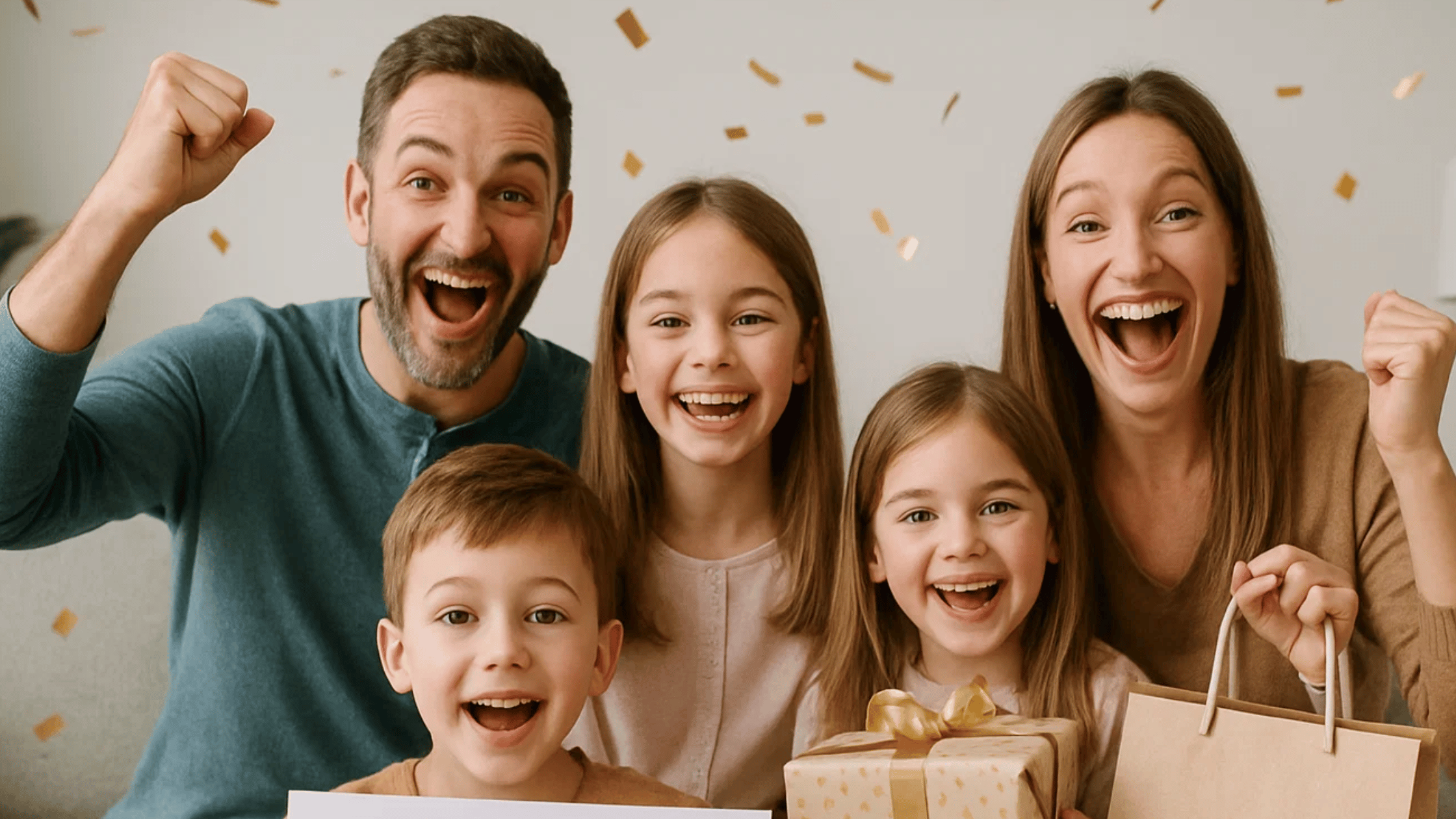 Gezin viert een gewonnen winactie met prijzen en plezier