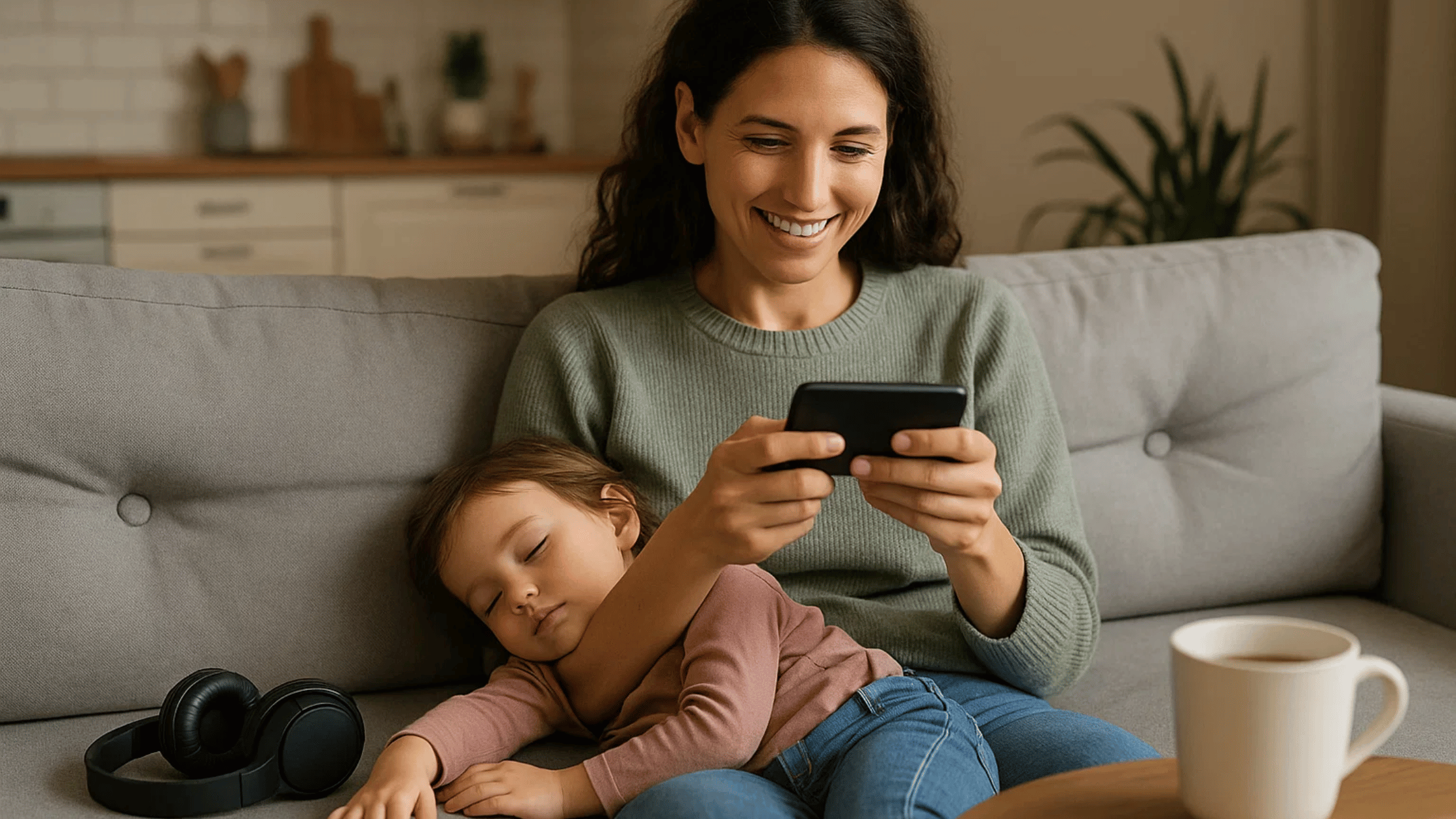 Moeder neemt een pauze met online spellen en creatieve ontspanning