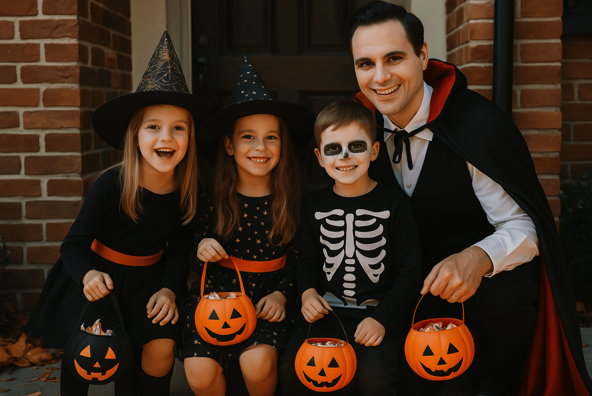 Familie verkleed in Halloween kostuums 2025 met pompoenen, heksen en zombies