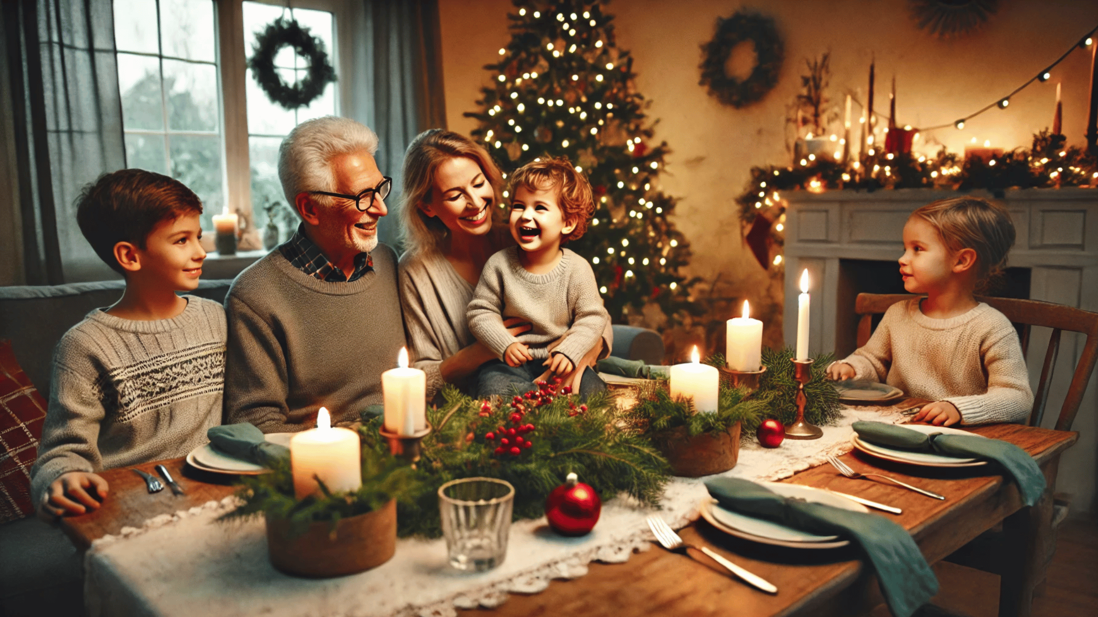 Kerststukje met kaarsen en kerstgroen op een feestelijk gedekte tafel