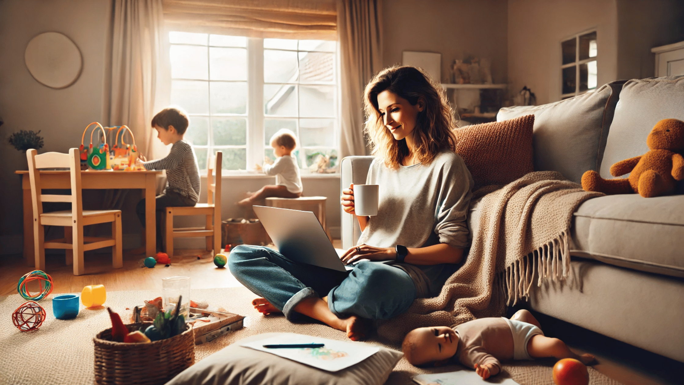 Moeder geniet van een rustig moment met koffie en laptop tijdens een drukke dag vol mini-avonturen