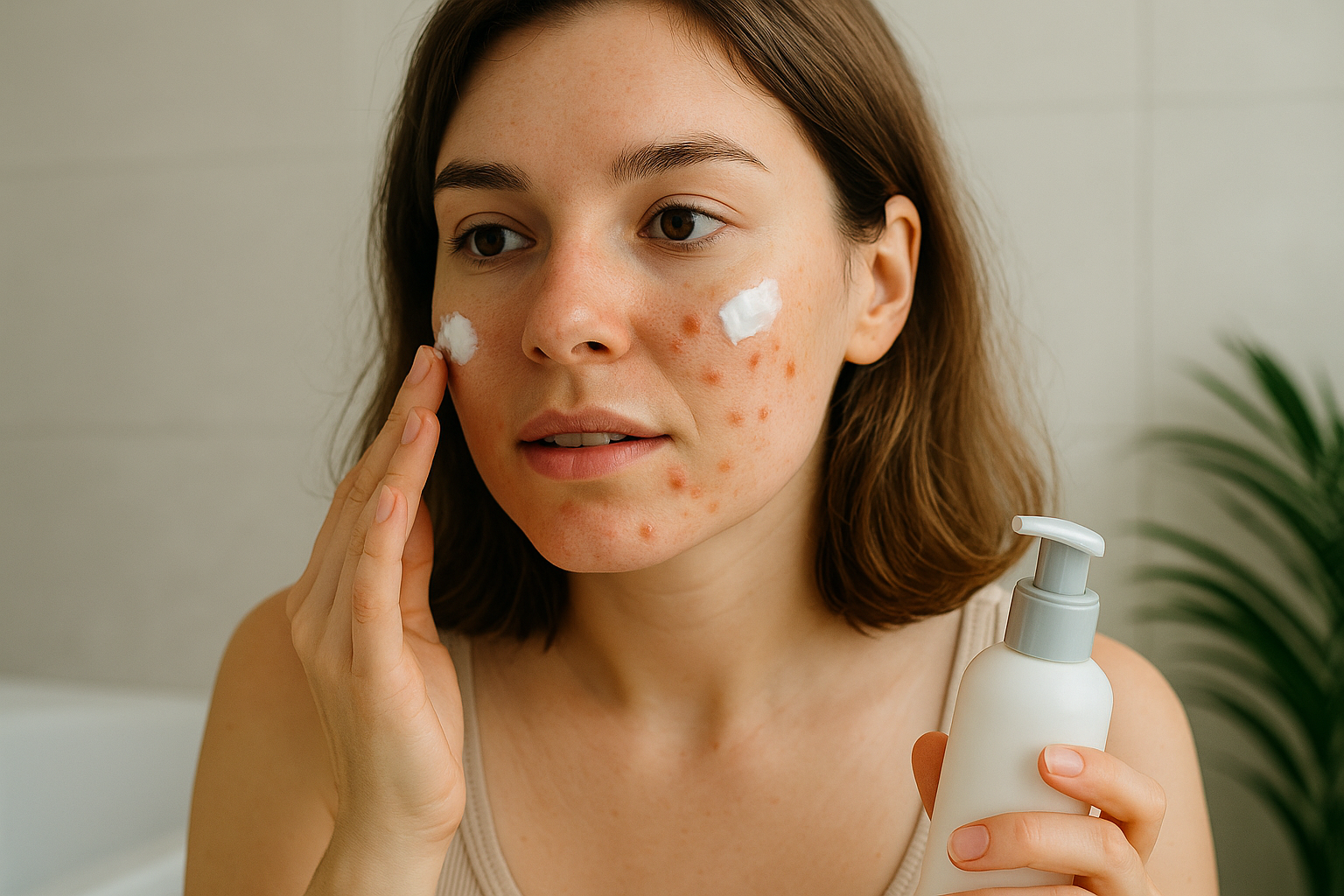 Vrouw die haar gezicht verzorgt met huidverzorgingsproducten tegen gistpuistjes