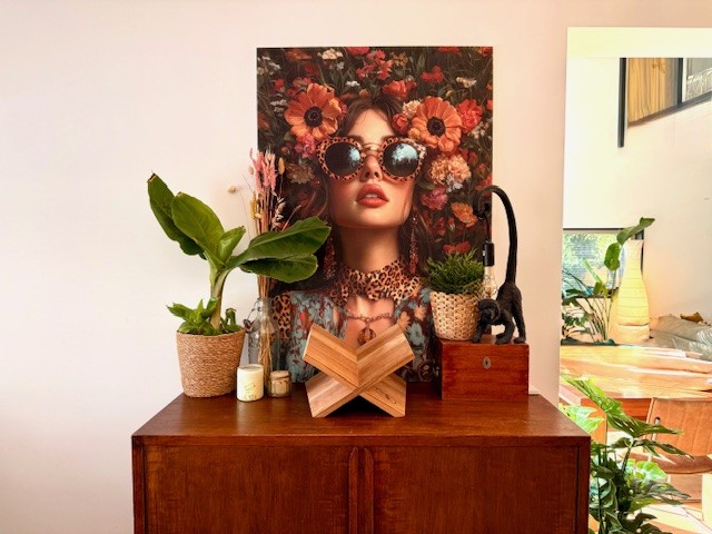 Vilt schilderij aan de muur in woonkamer