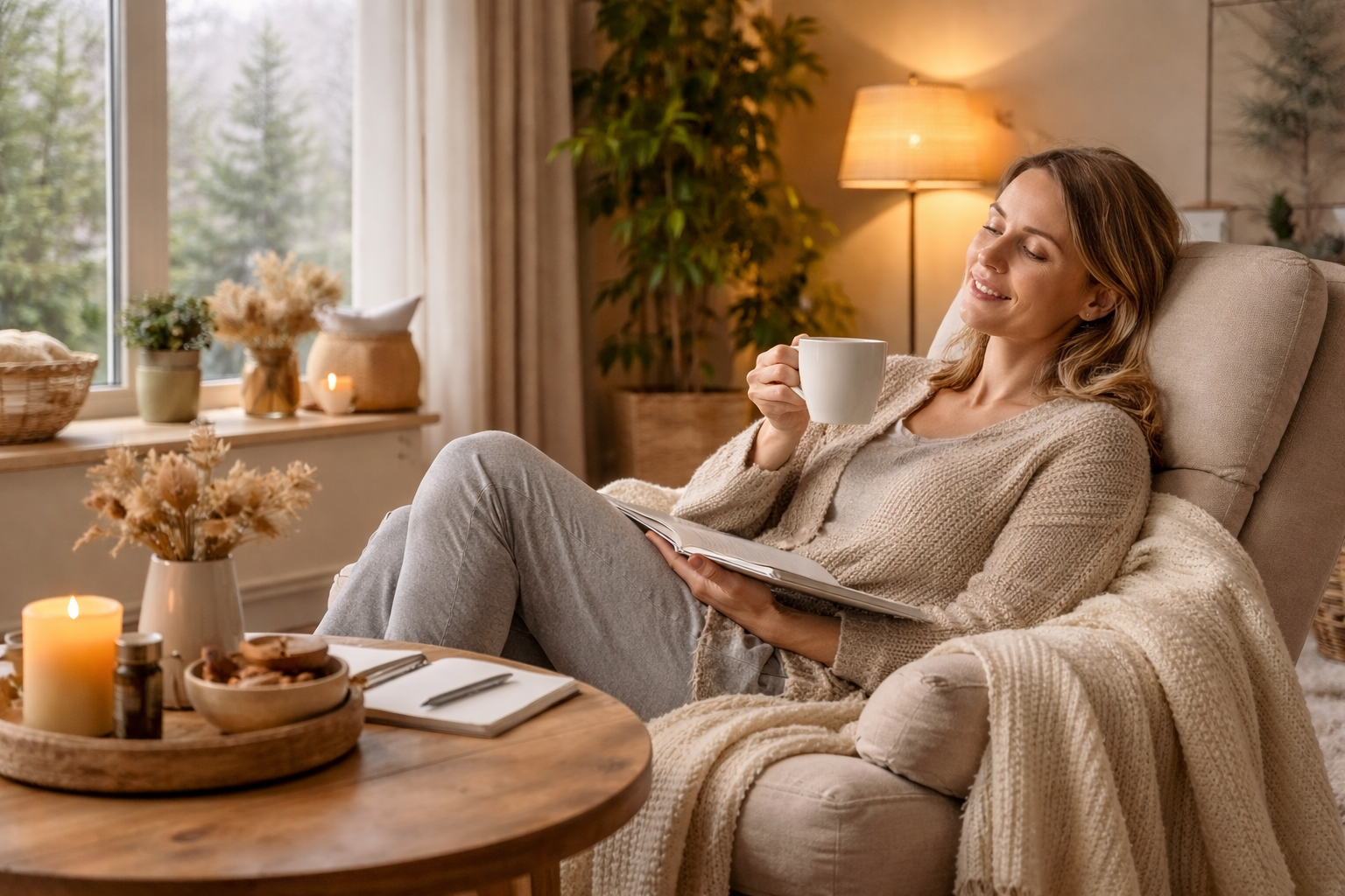 Moeder neemt een rustig moment voor zelfzorg en ontspanning thuis