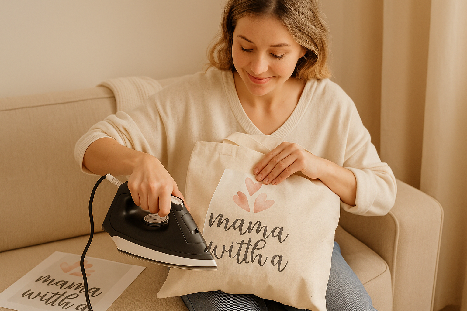 Gepersonaliseerde canvas mom-bag met DTF transfer ontwerp, bedrukt in full colour.