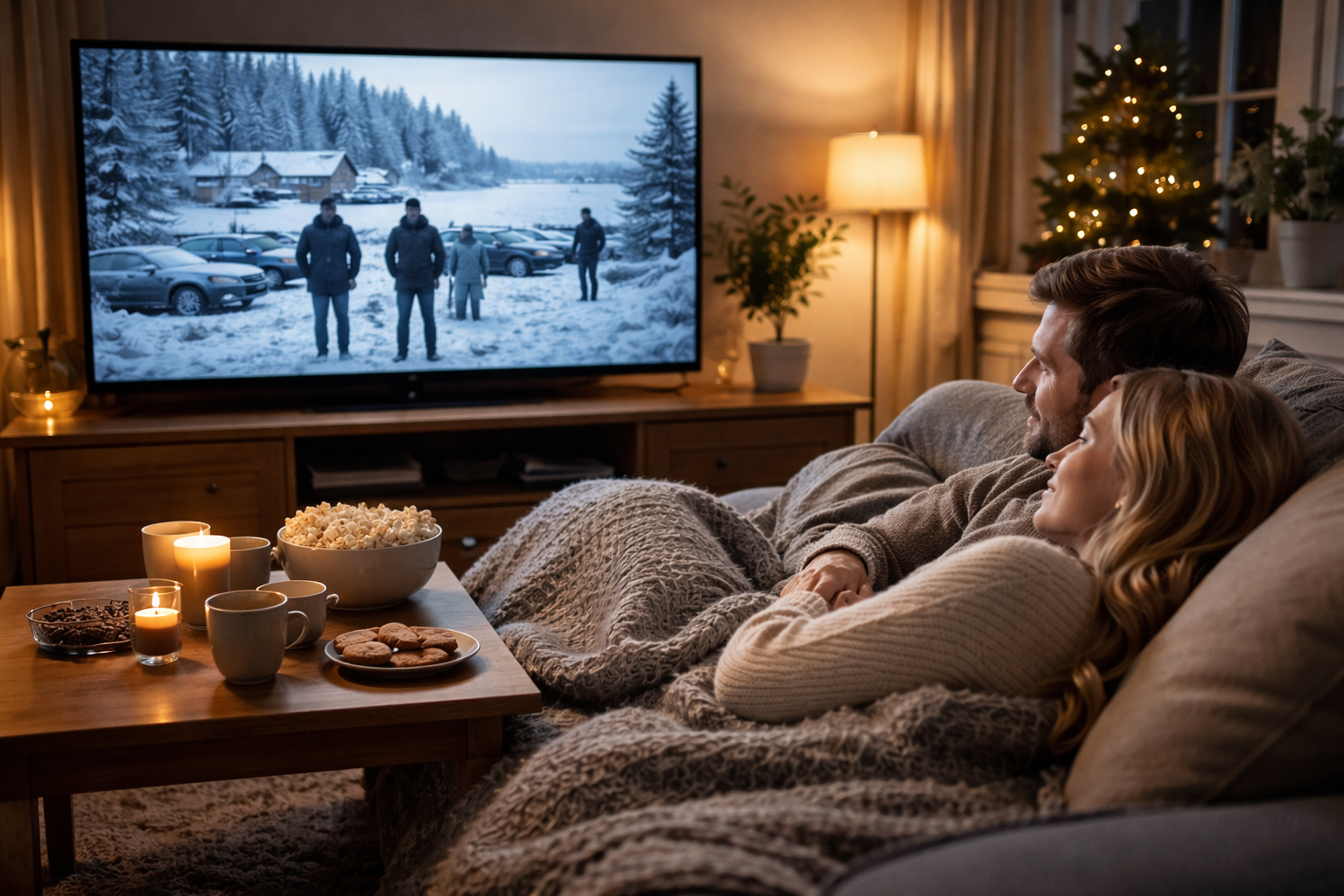 Stel kijkt samen onder een deken naar een Scandinavische misdaadserie op tv tijdens een gezellige winteravond in de woonkamer