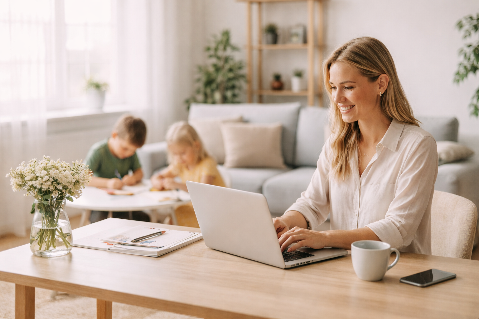 Moeder die thuiswerkt aan laptop terwijl kinderen spelen op de achtergrond
