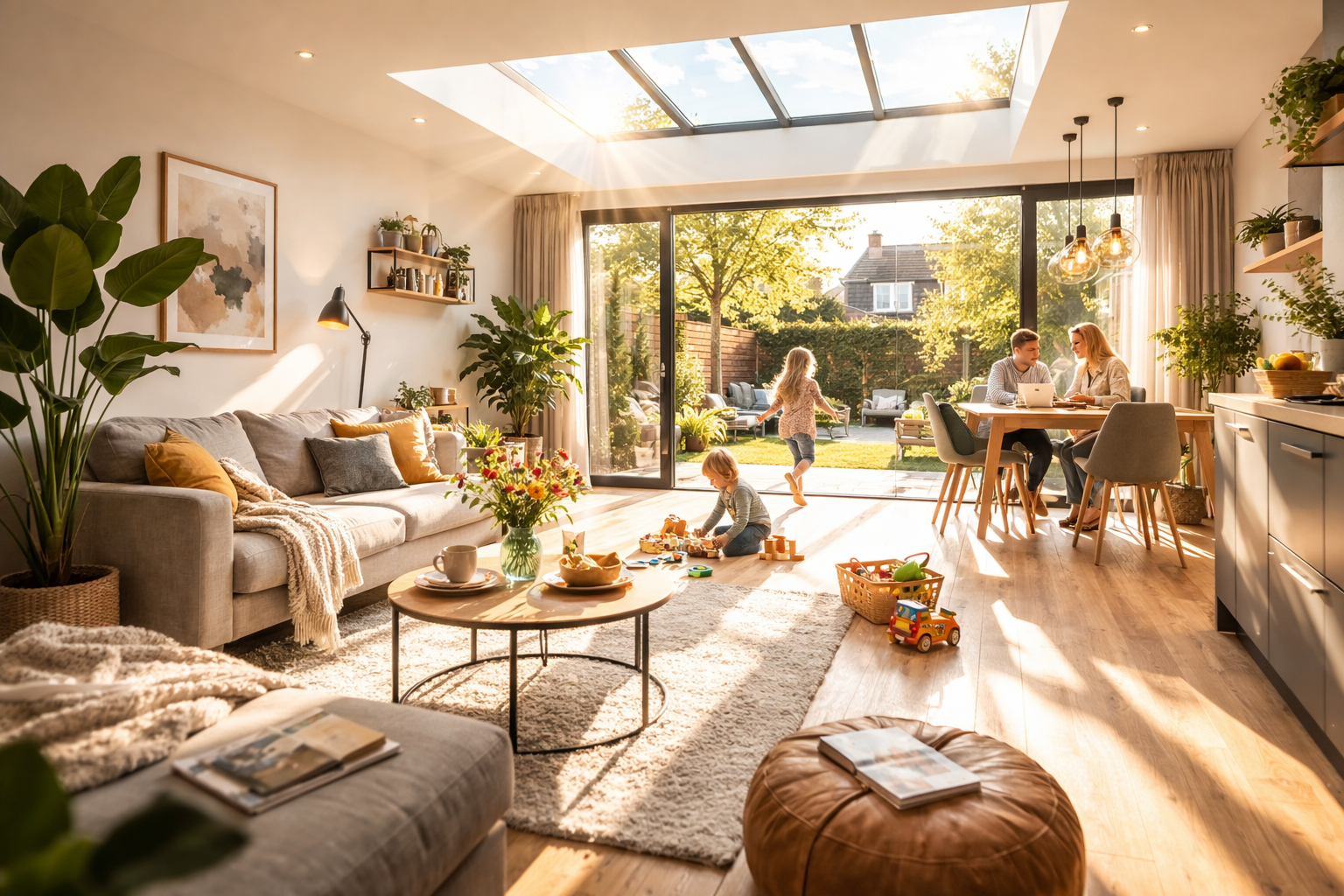 Lichtstraat in woonkamer zorgt voor meer daglicht in huis en een lichte gezinsruimte