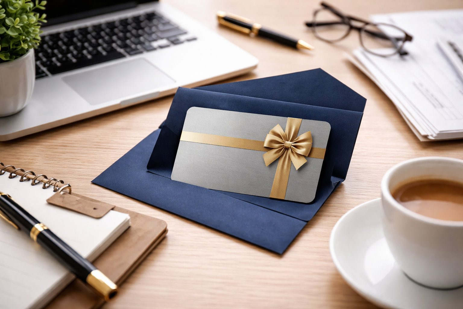 Zakelijke cadeaukaart in envelop op een bureau met laptop, notitieboek en kop koffie als symbool voor professioneel relatiebeheer