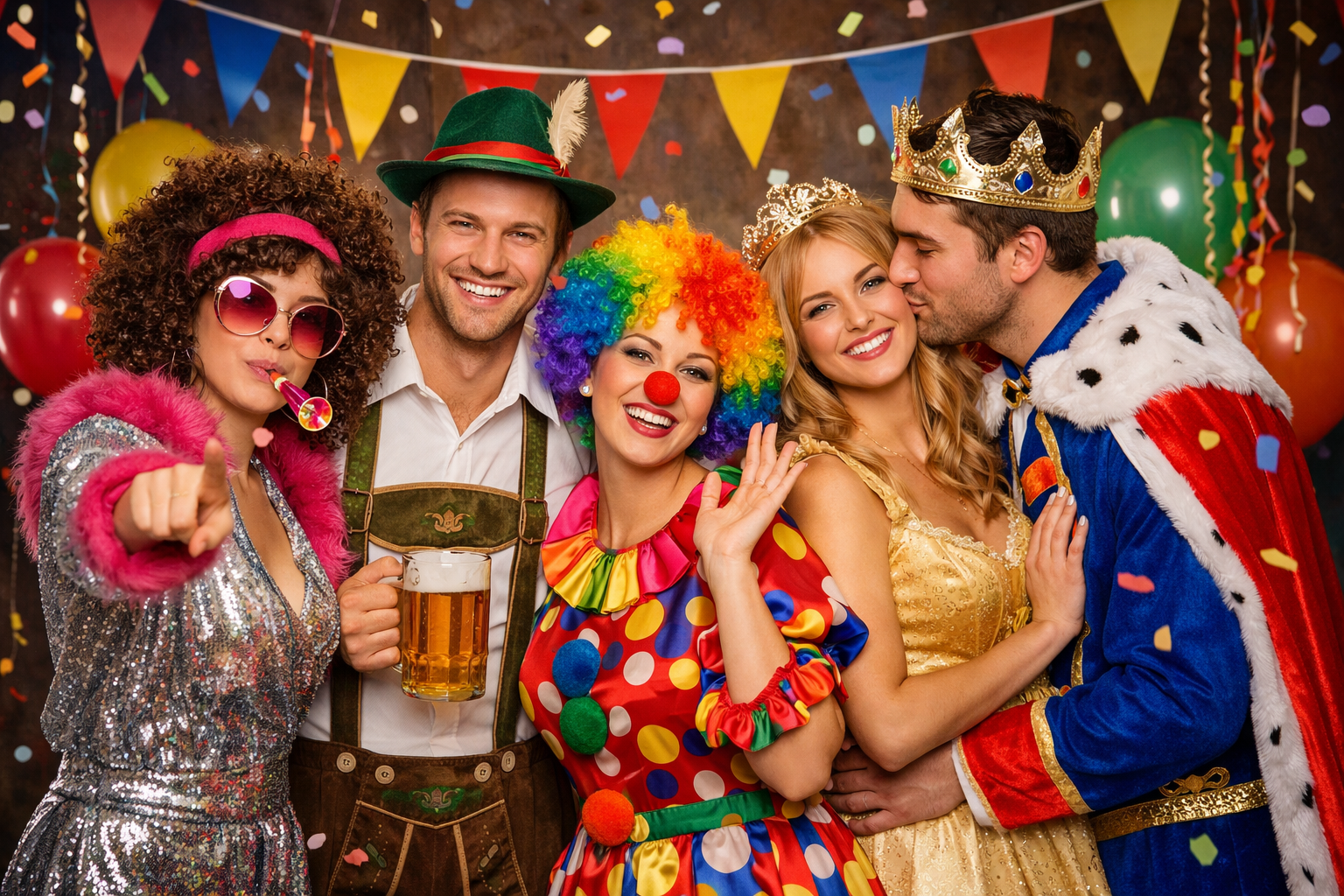 Vrienden verkleed in carnavalskostuums tijdens feest