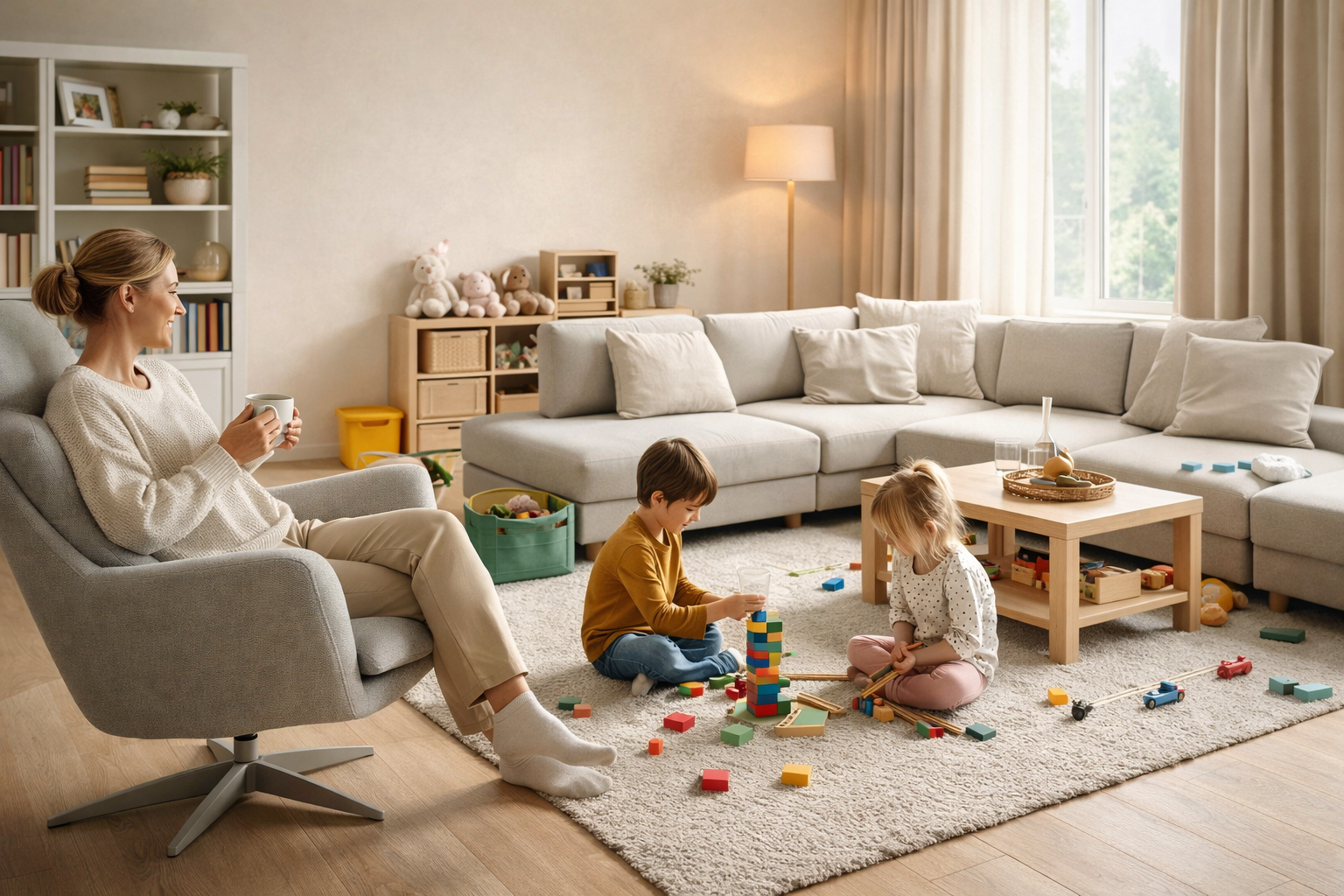 Gezinswoonkamer met flexibele meubels en speelruimte