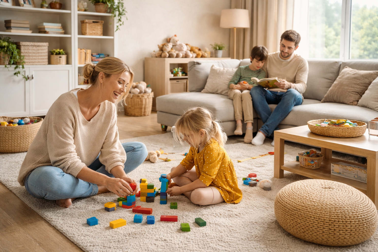 Gezin in kindvriendelijk ingerichte woonkamer