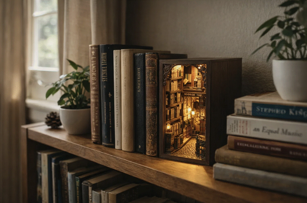 Miniatuur book nook met verlichte straat tussen boeken in een houten boekenkast, als creatieve hobby en decoratie voor thuis