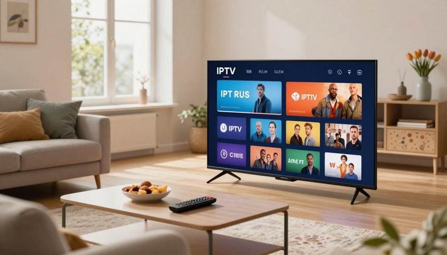 televisie via IPTV op een smart tv met streamingdiensten en live zenders in de woonkamer