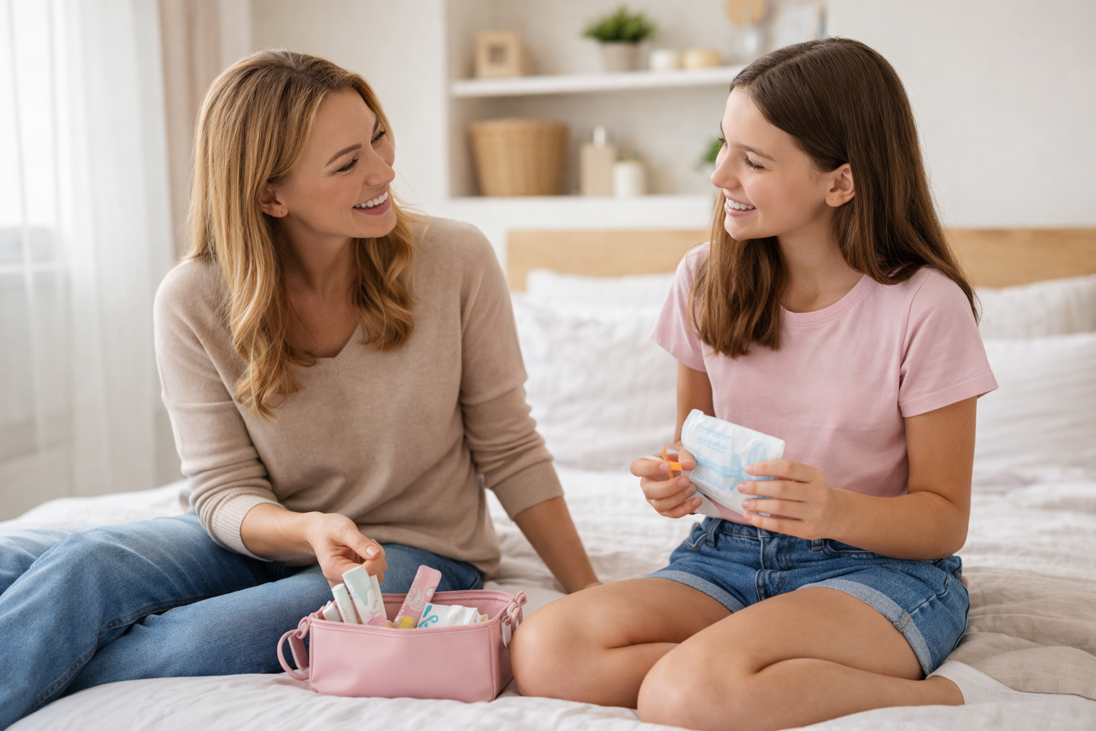 Moeder en dochter praten over eerste menstruatie en menstruatieproducten