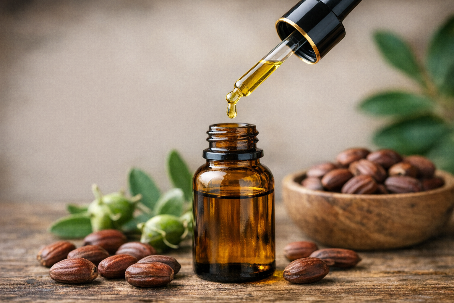 Flesje jojoba olie met pipet en zaden op houten ondergrond