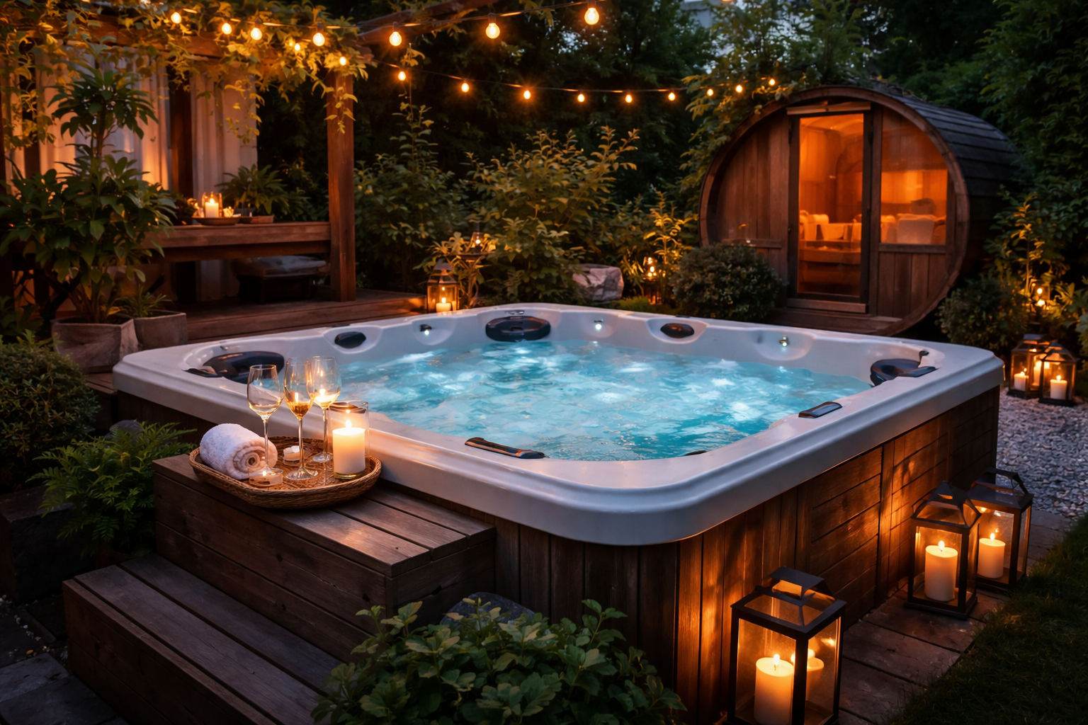 Moderne spa in de tuin met warm water en sfeervolle verlichting in de avond