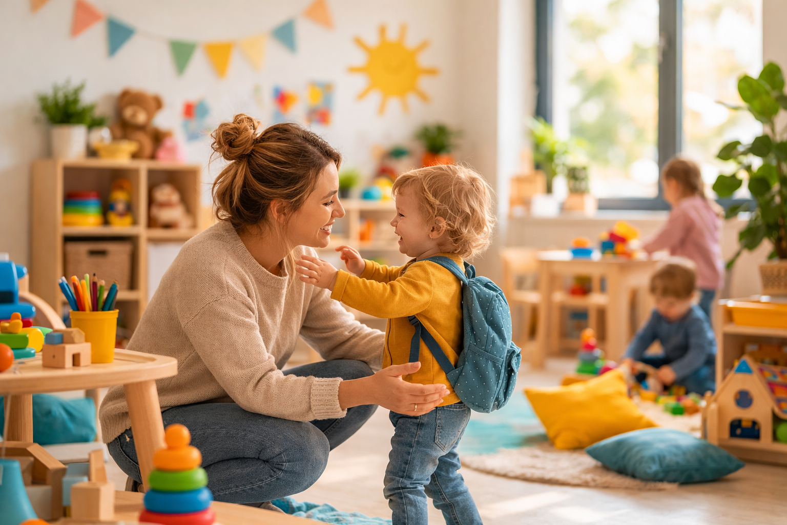 Warme kinderopvang met vaste leidster die een kind begroet bij binnenkomst