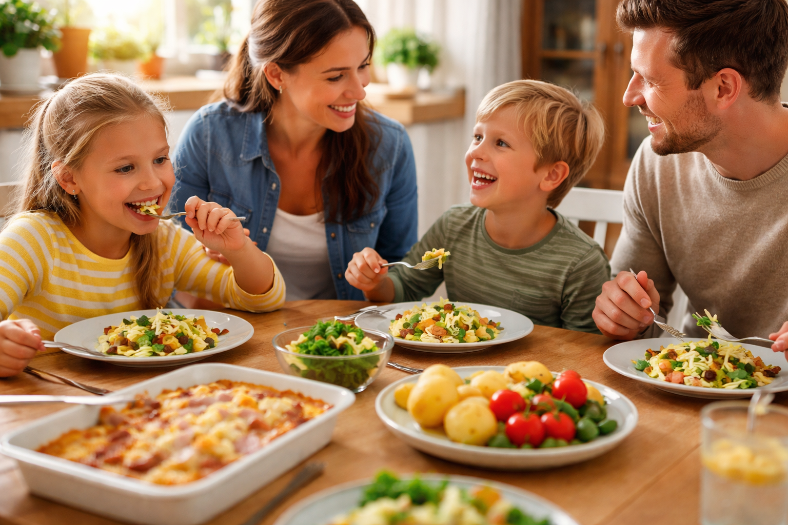 Een gezellige eettafel met een bord kindvriendelijk avondeten waar witlof in verwerkt is, natuurlijk daglicht, warme gezinssfeer