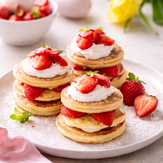 Pancake torentjes met aardbei (AI)