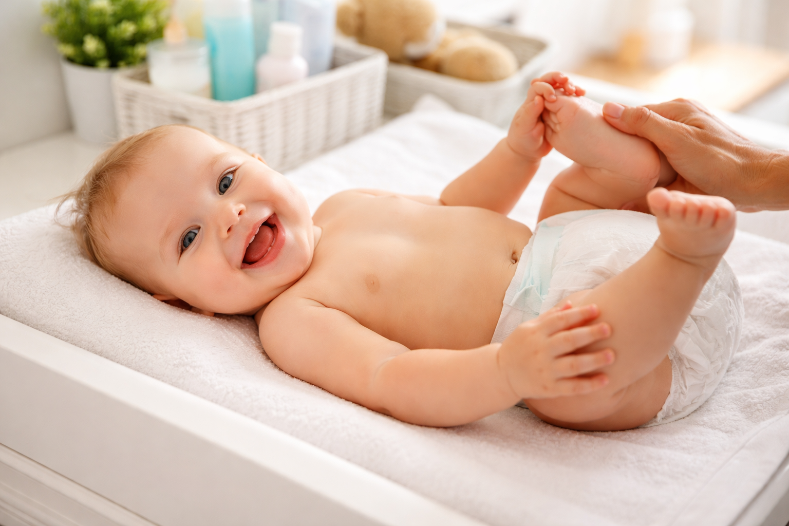 Baby ligt op een zacht aankleedkussen tijdens het verschonen bij luieruitslag