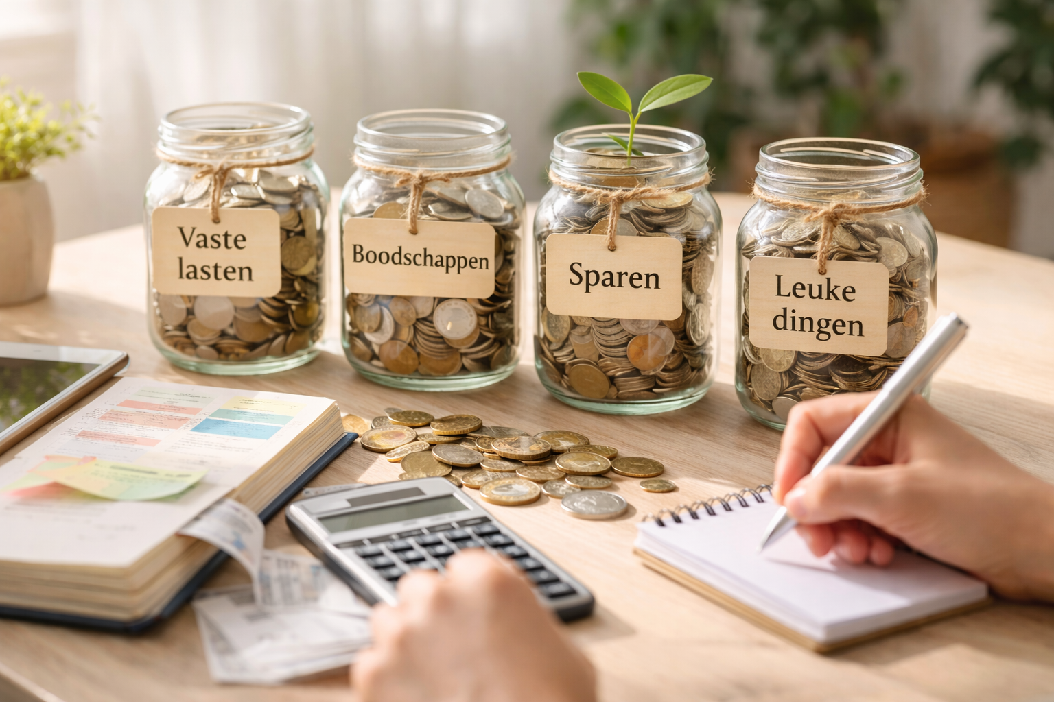 Overzicht van een gezinsbudget met potjes voor sparen, boodschappen en vaste lasten