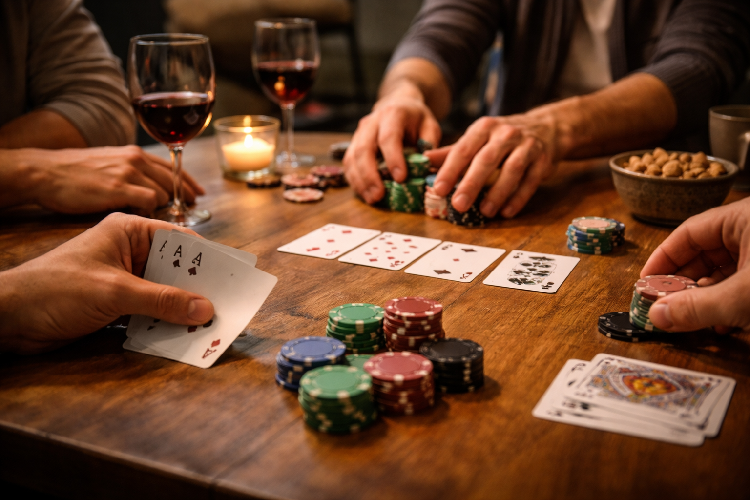 handen met pokerchips en kaarten aan tafel tijdens spannend kaartspel