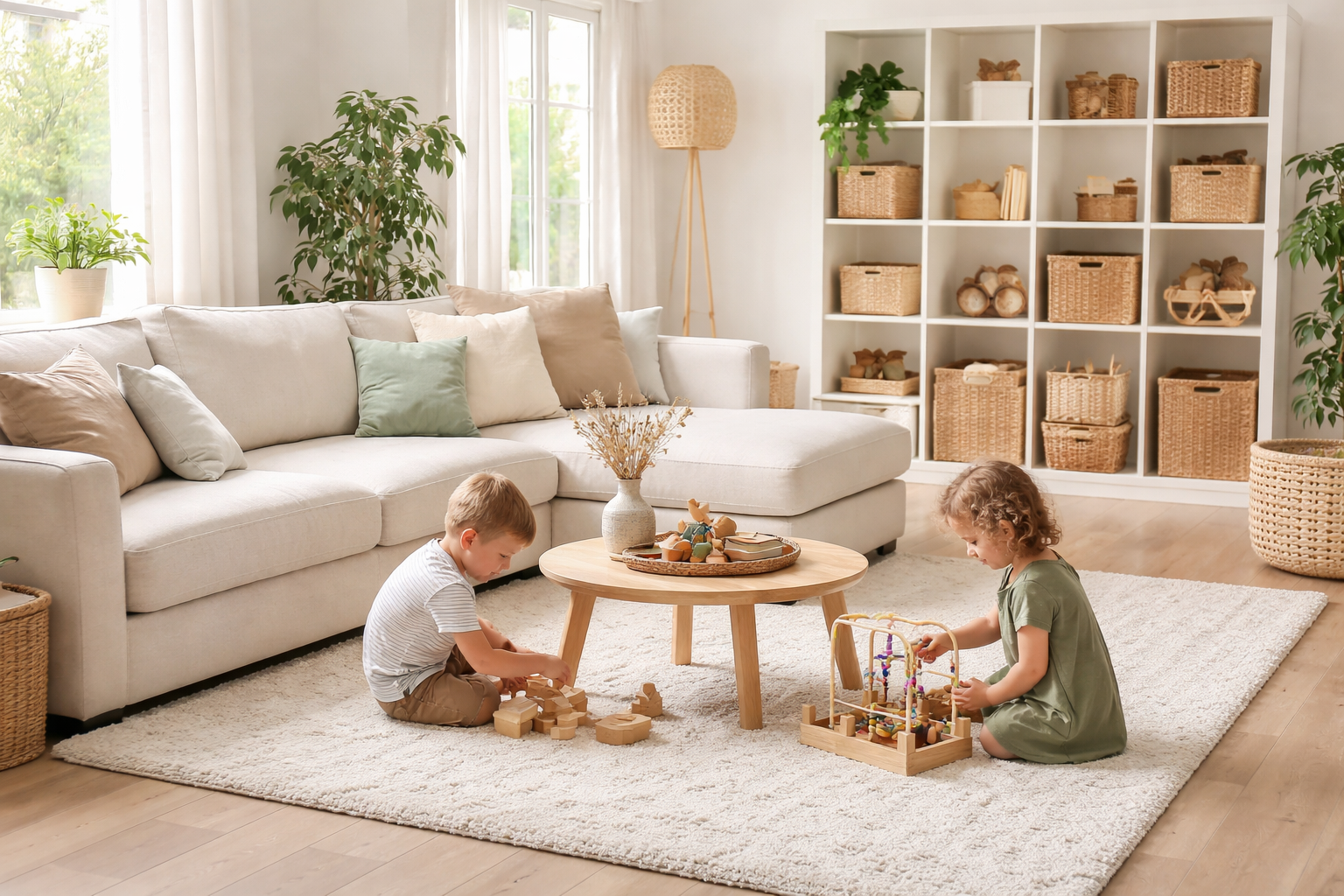 Gezellige woonkamer met kinderen, stijlvol ingericht met praktische opbergruimte en comfortabele meubels