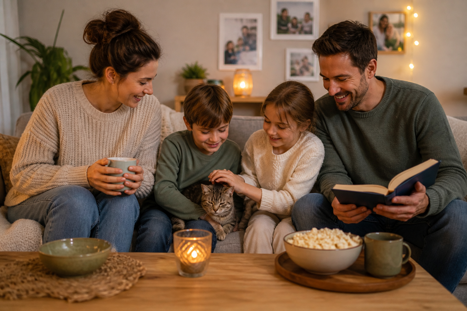 Gezin zit samen op de bank met kinderen en kat tijdens een rustig moment thuis