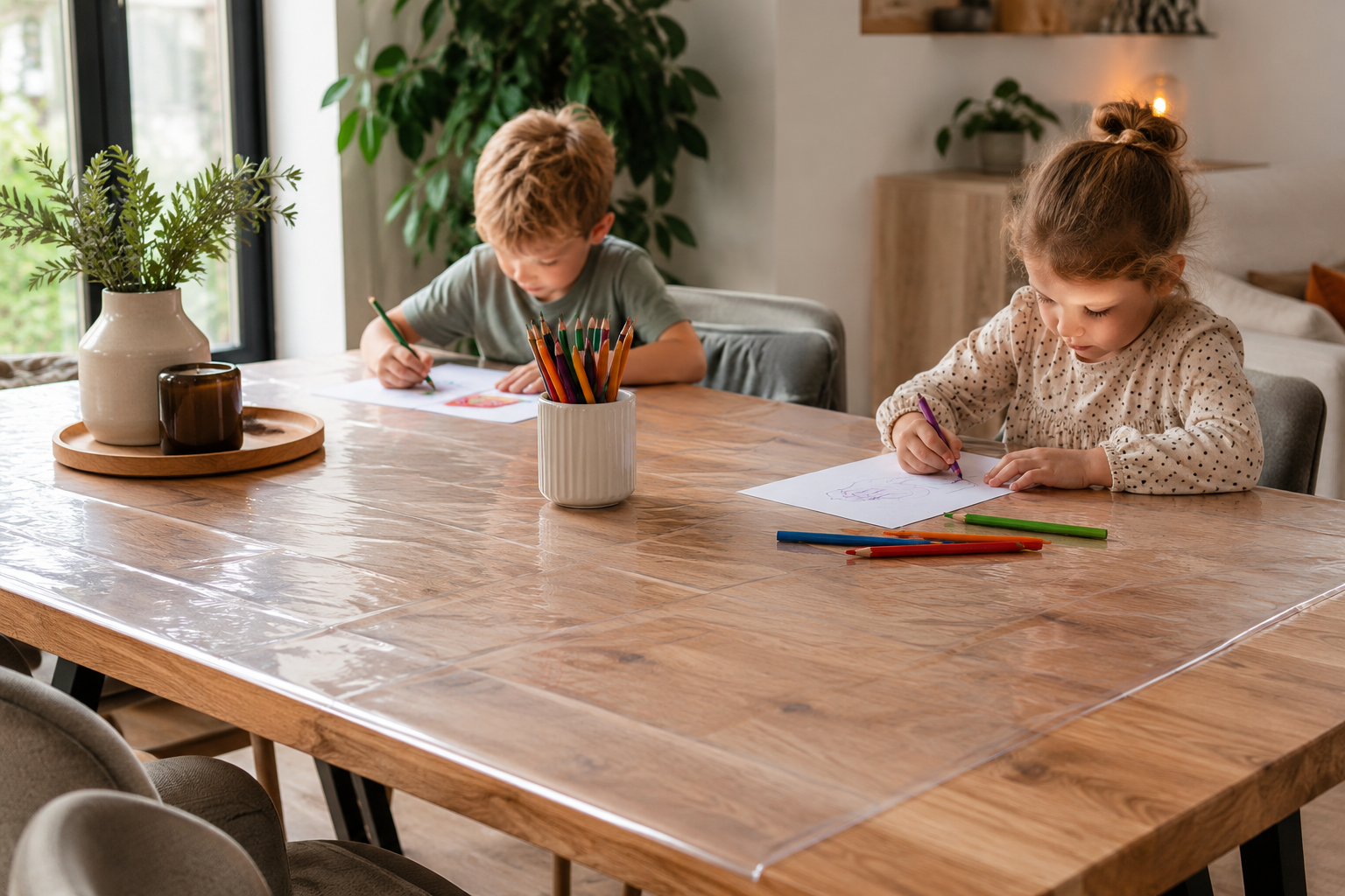 Kinderen knutselen aan een houten eettafel met een doorzichtig tafelzeil als bescherming