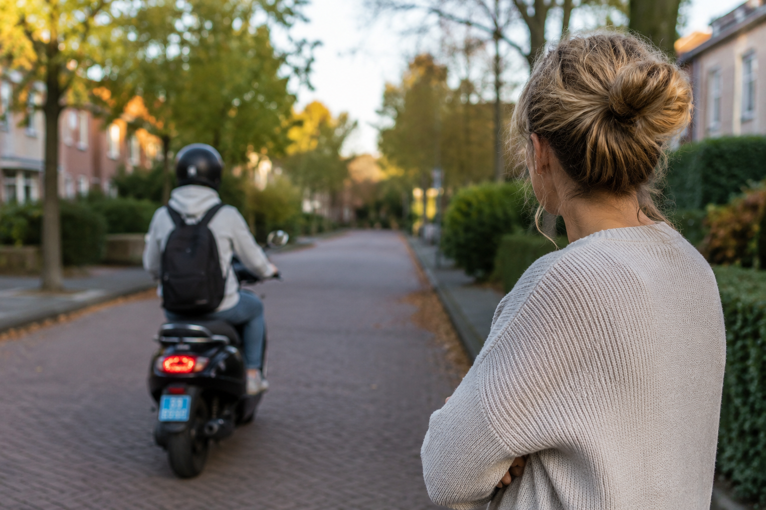 Tiener op een elektrische scooter onderweg naar school terwijl ouder toekijkt