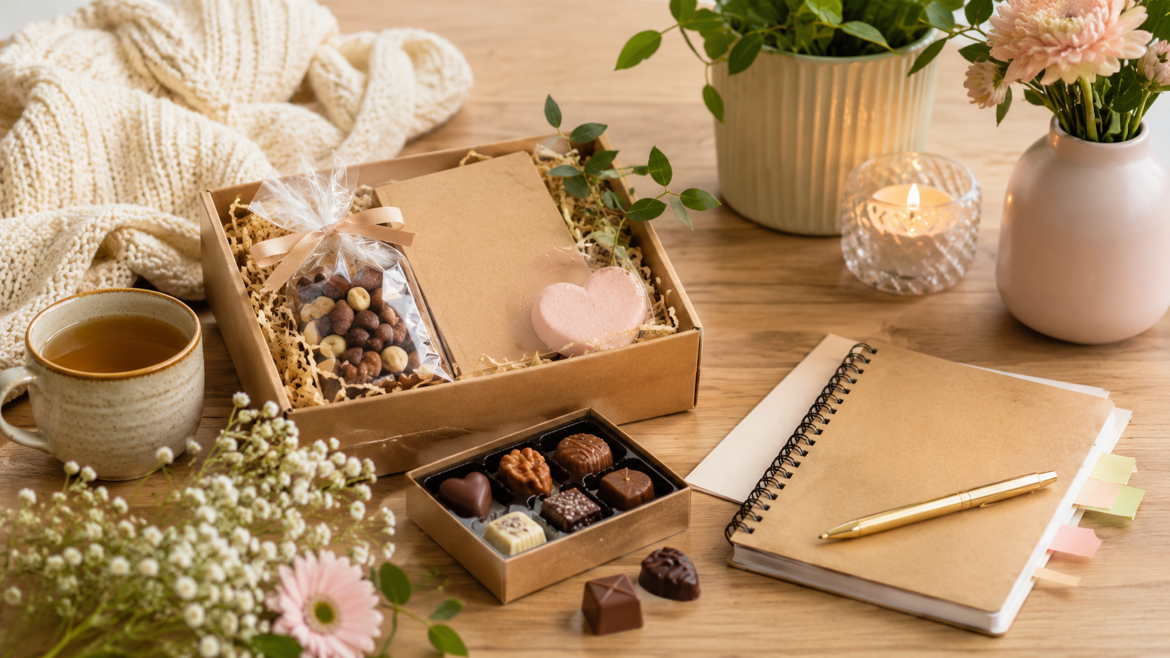 Klein cadeautje en chocolade om iemand succes te wensen bij een spannend moment