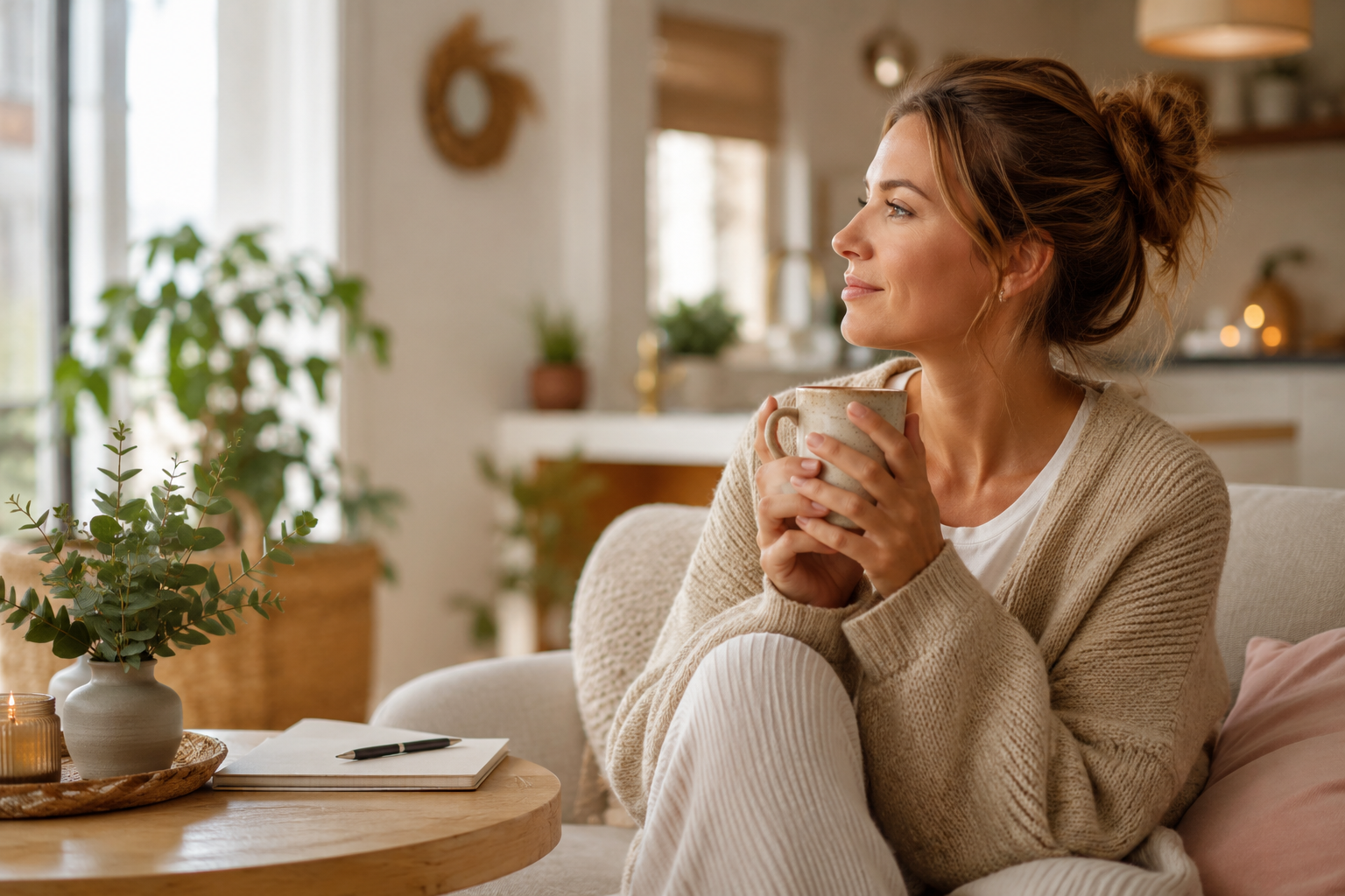 Moeder neemt een rustmoment voor haar gezondheid en welzijn