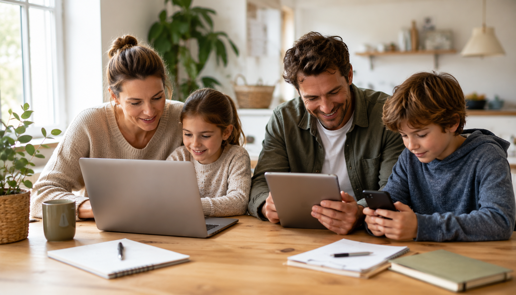Gezin gebruikt verschillende digitale accounts op laptop en smartphone